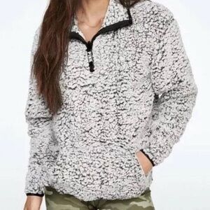 Victoria’s Secret PINK Sherpa Fleece Gray Black 1/4 Zip Pullover Sweatshirt S